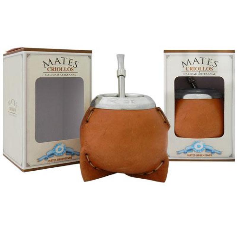 Porito Vaqueta y Bombilla Acero Inox Grabado C/Caja