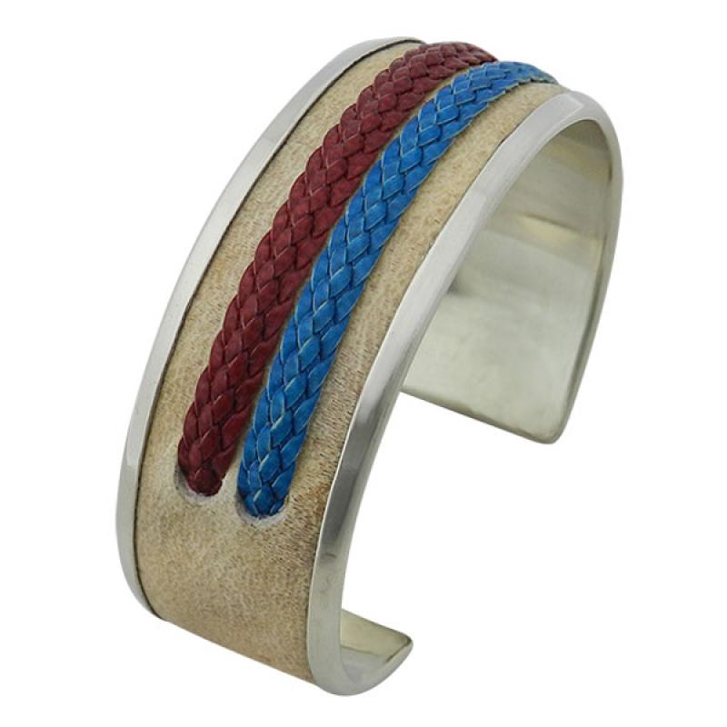 Pulsera Angosta De Alpaca Y Cuero Crudo Con Doble Tira