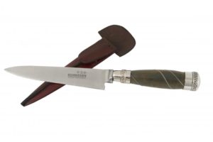 Cuchillo Hoja Acero Inox. Schmieden 14 Cm Encabado En Madera Palo Santo Con Copas y Alambre Doble En Alpaca y Vaina De Cuero Vaqueta