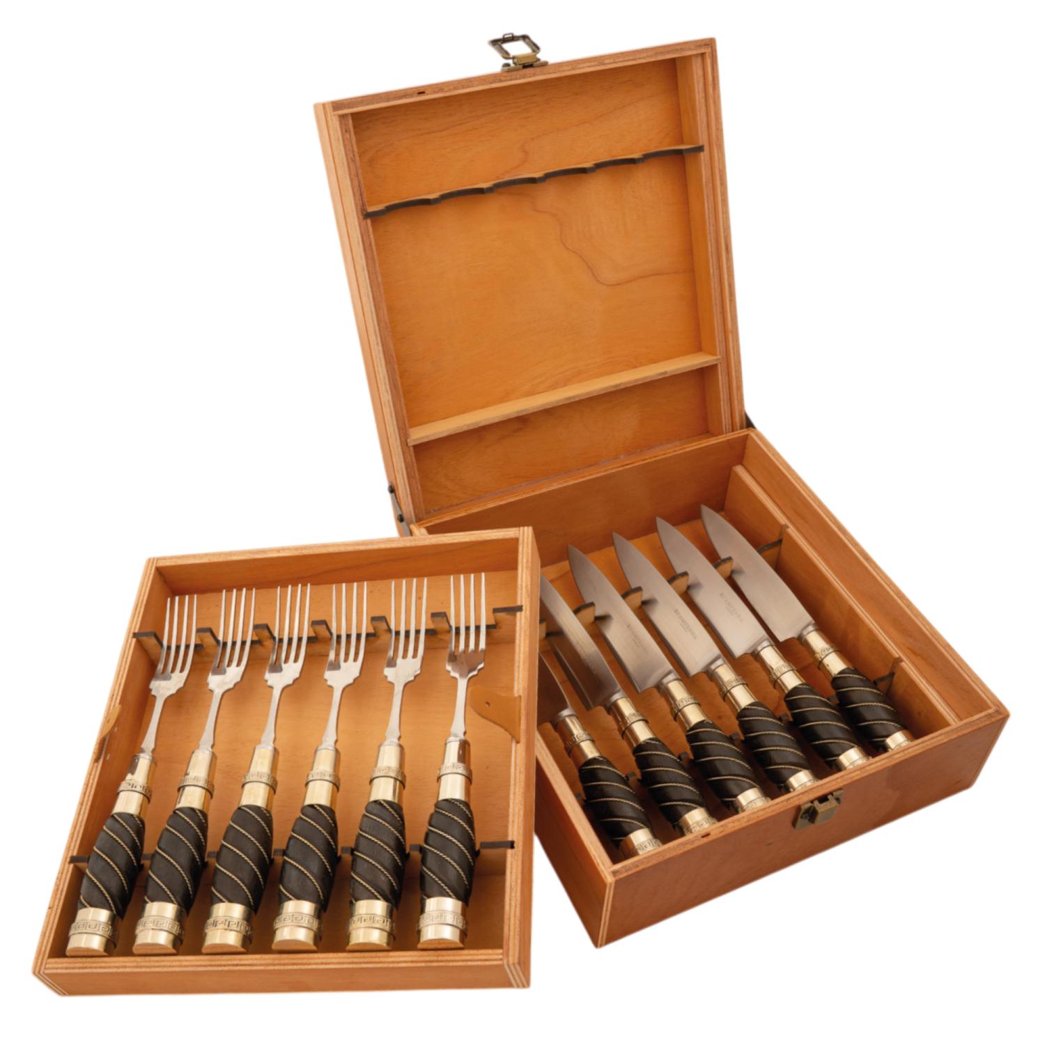 Juego De Cubiertos Linea Fina Madera, Alpaca Y Alambre Fino 12 Piezas En Caja De Madera 2 Pisos Cedro Lustrado, Pampeana